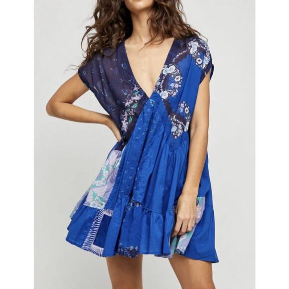 Free People Mended With Scarves Mini Dress S Boho Cottage Slouchy Oversized - Picture 1 of 12